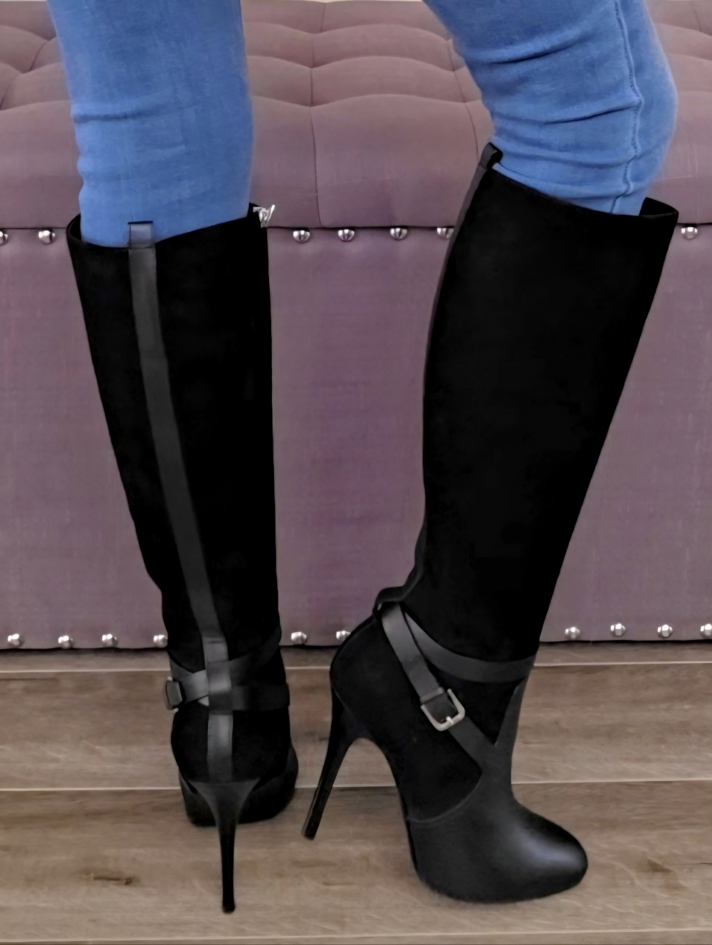 Ralph Lauren Black Leather & Suede Knee-High Stiletto Buckle Boots - Size US 8.5 - Picture 3 of 15